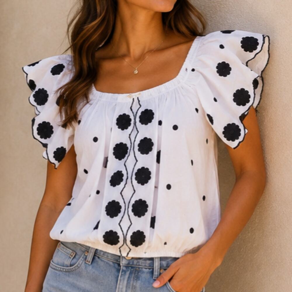 Muche et Muchette Flutter Sleeves Embroidered Floral Crop Top White Small
